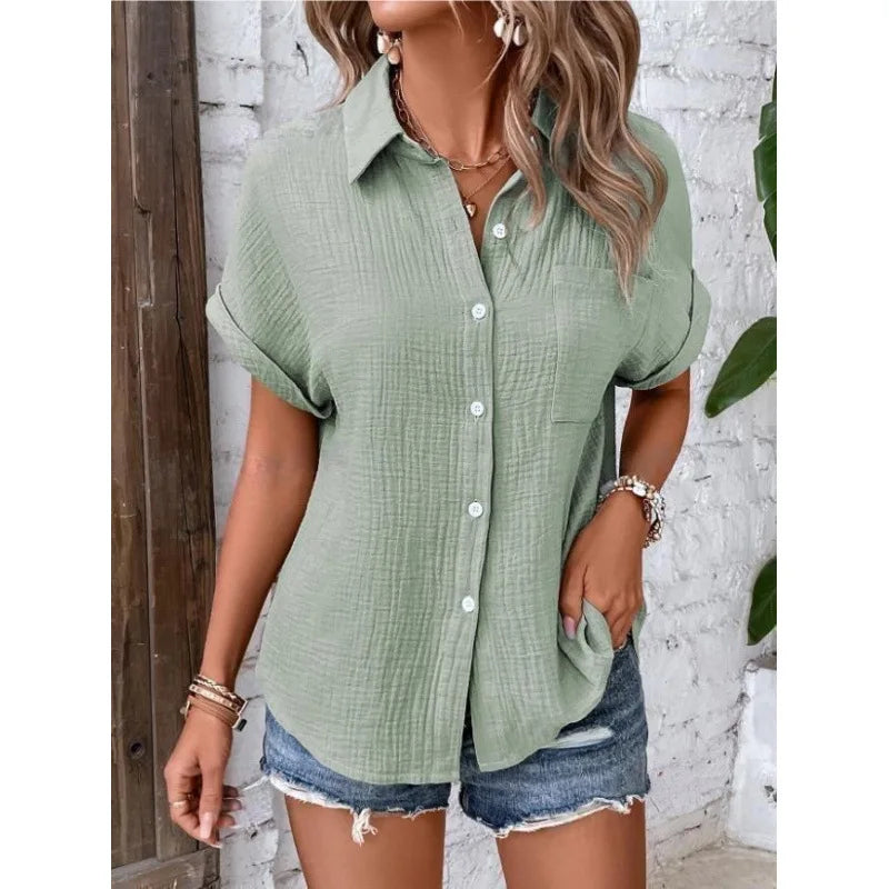 Women's Casual Cotton Blouse — Short Sleeve Button-Down Shirt
