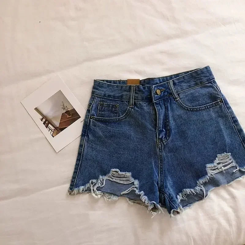 Women's High-Waist Ripped Denim Shorts with Embroidery Detail