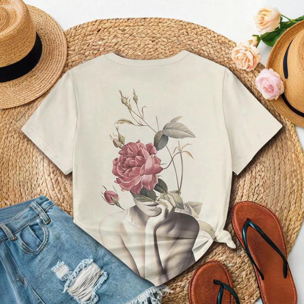 Women's Floral Art Print T-Shirt — Oversized Short Sleeve Tee