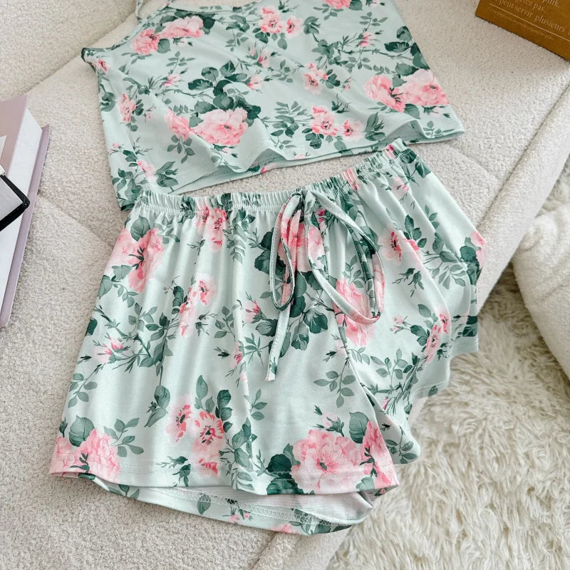 Women Casual Sleepwear Silk Top and Shorts Sets