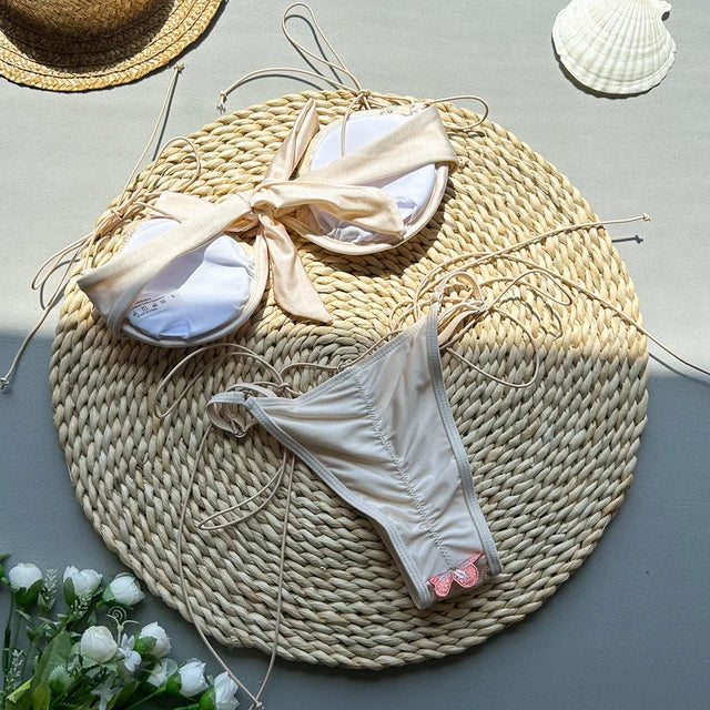Stylish Women's Bikini High Waist Embroidery Backless Swimwear