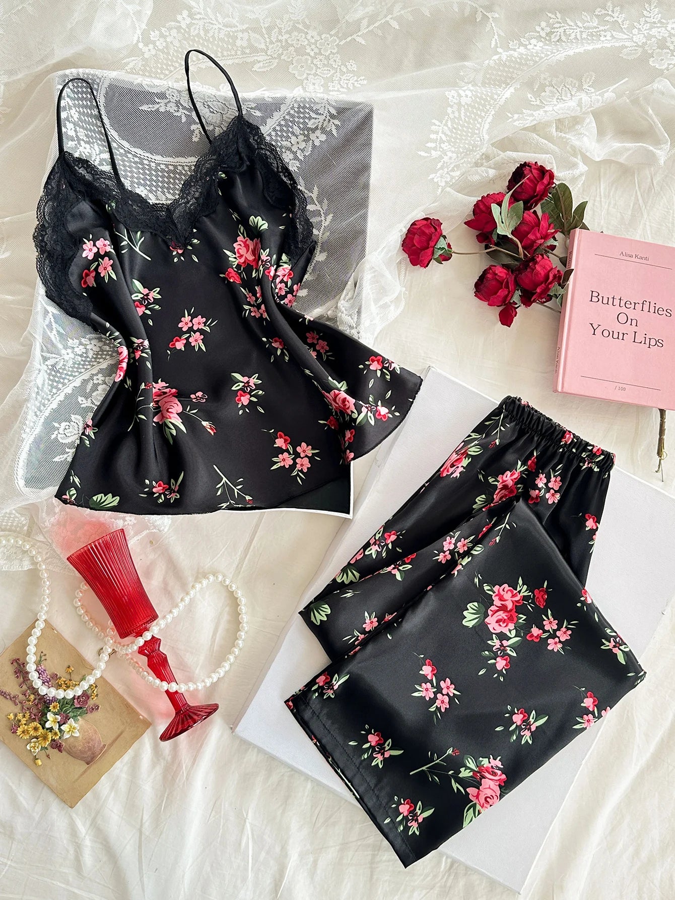 Women's Satin Lace V-Neck Top & Pants Pajama Set — Printed Two-Piece Sleepwear