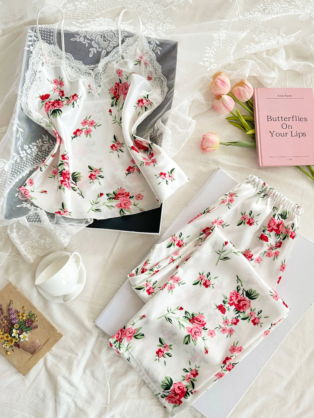 Women's Satin Lace V-Neck Top & Pants Pajama Set — Printed Two-Piece Sleepwear