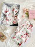 Women's Satin Lace V-Neck Top & Pants Pajama Set — Printed Two-Piece Sleepwear