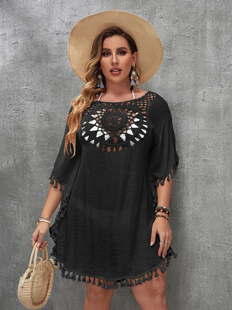 Women's Plus Size Hollow-Out Beach Cover-Up Dress — Loose Vacation Beachwear