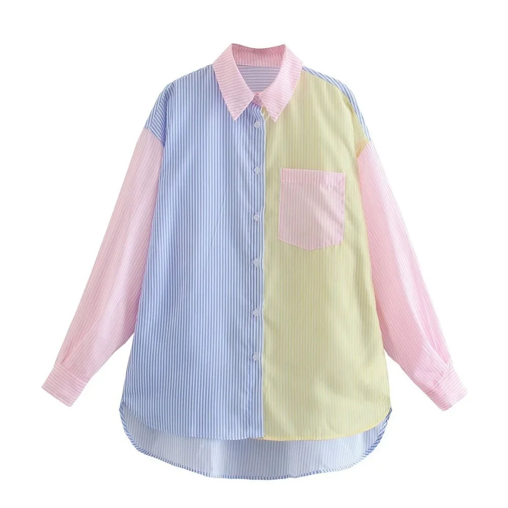 Women's Colorblock Striped Tunic Shirt — Long Sleeve Button-Up Top