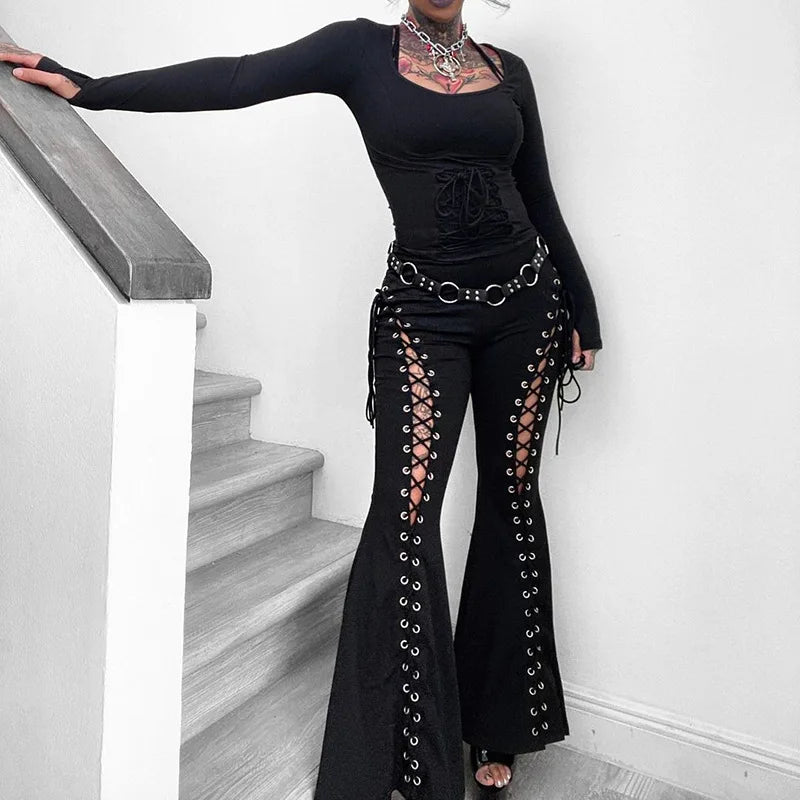 Goth Streetwear Black Bandage Hollow Out Flare Pant