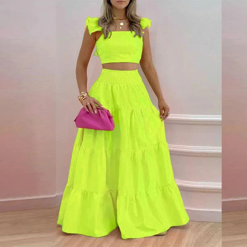 Women's Strapless Crop Top & Ruffle Maxi Skirt Two-Piece Set