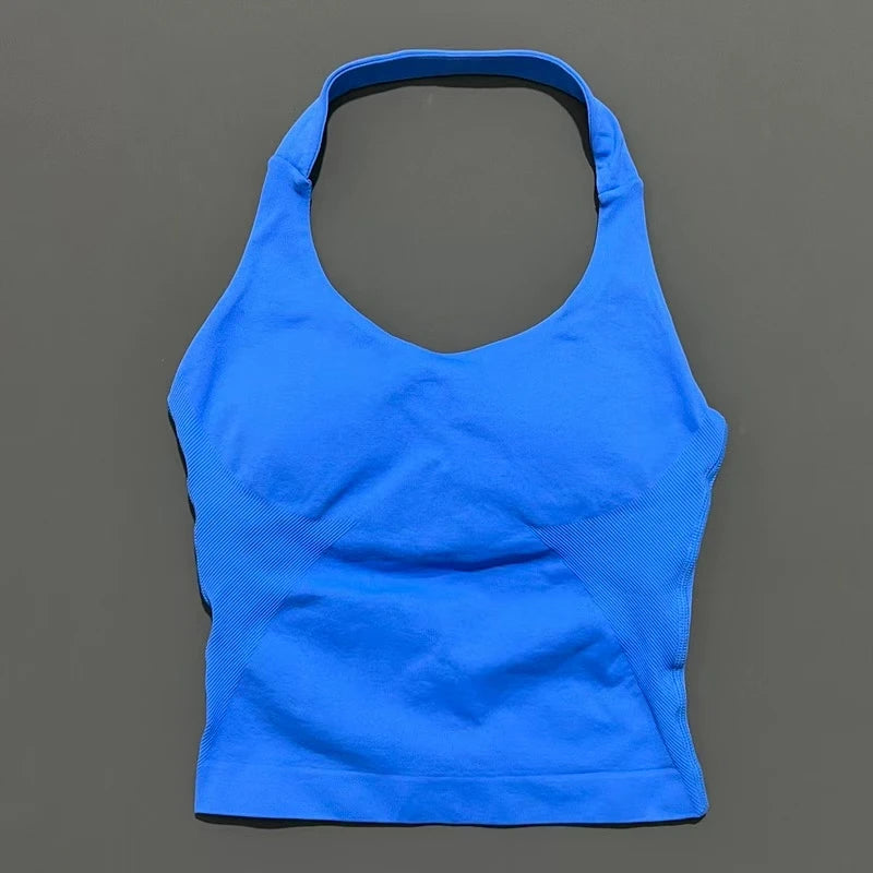Seamless Longline Strappy Sports Tank — Halter Neck Ruched Backless Activewear Top