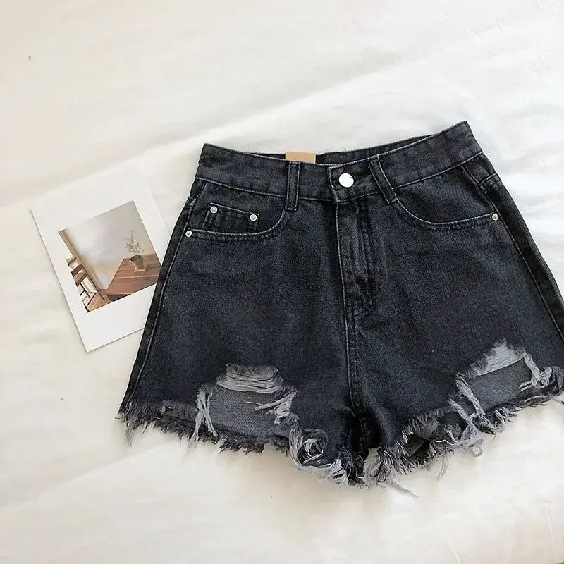 Women's High-Waist Ripped Denim Shorts with Embroidery Detail
