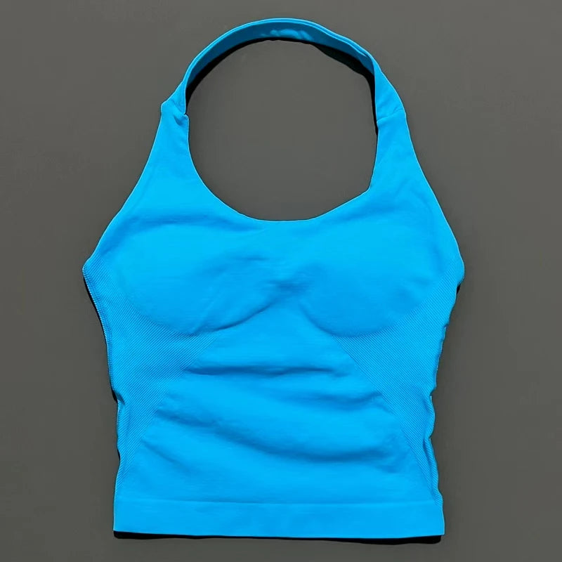 Seamless Longline Strappy Sports Tank — Halter Neck Ruched Backless Activewear Top