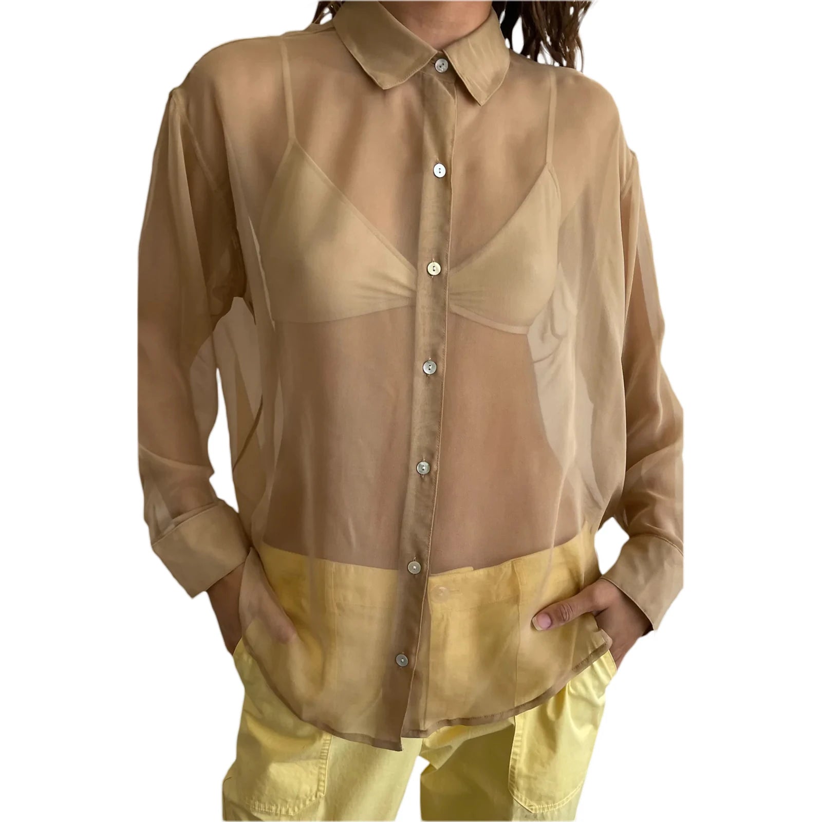 Women's See-Through Chiffon Shirt — Lapel Long Sleeve Button-Up Top