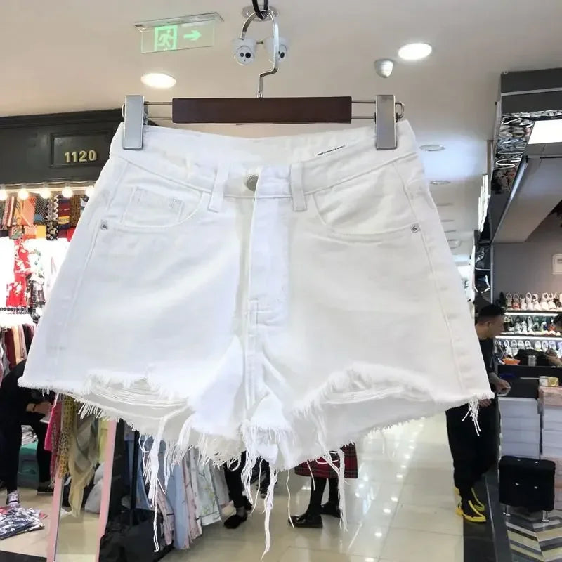 Women's High-Waist Ripped Denim Shorts with Embroidery Detail