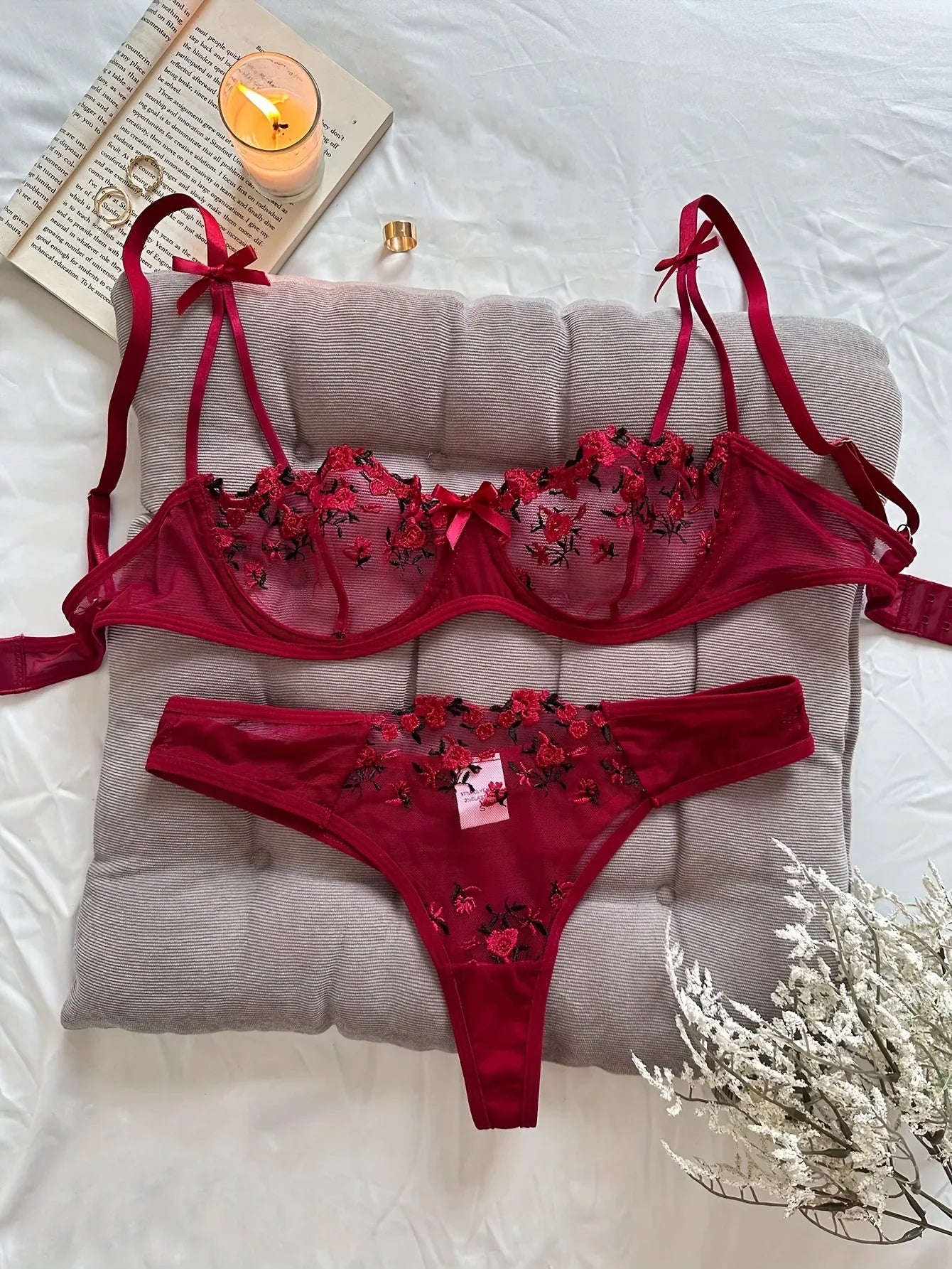 Floral Embroidery Lingerie Set | Women's 2-Piece Underwire Bra & Underwear