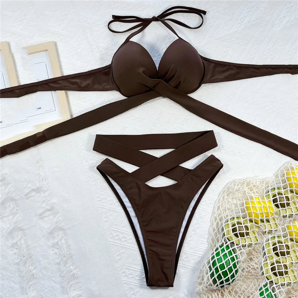 High Waisted Bandage Halter Bikini Set