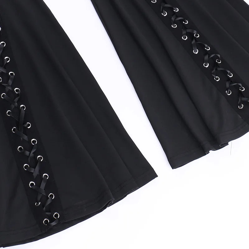 Goth Streetwear Black Bandage Hollow Out Flare Pant