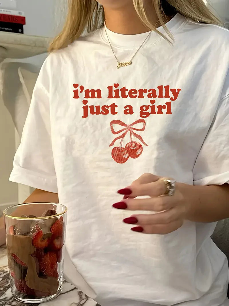 "I'm Literally Just A Girl" Cherry Bow Cotton Tee