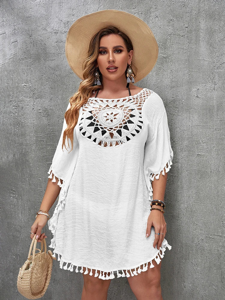 Women's Plus Size Hollow-Out Beach Cover-Up Dress — Loose Vacation Beachwear