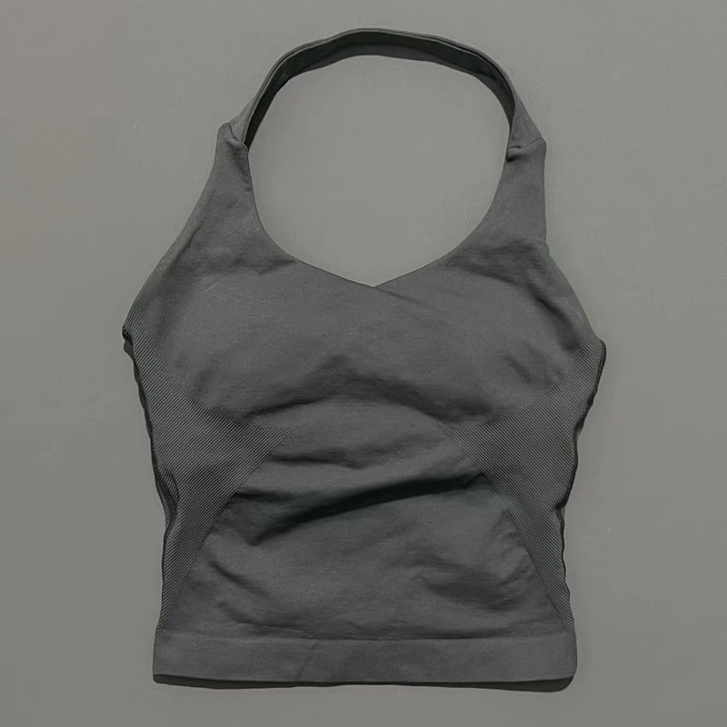 Seamless Longline Strappy Sports Tank — Halter Neck Ruched Backless Activewear Top