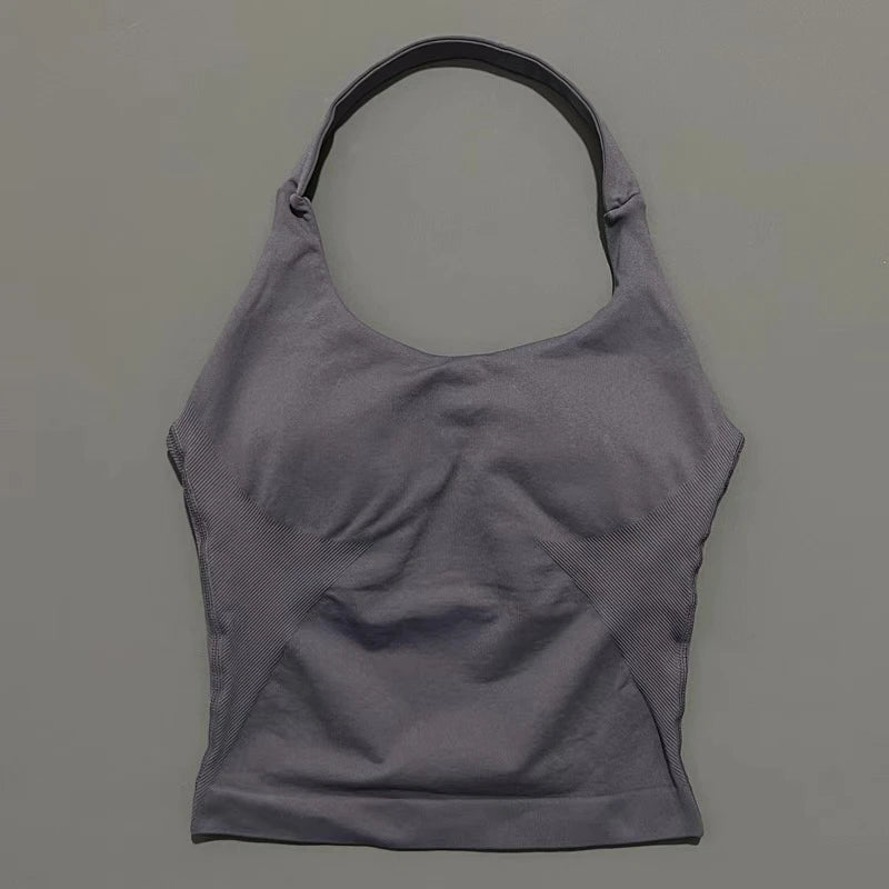 Seamless Longline Strappy Sports Tank — Halter Neck Ruched Backless Activewear Top