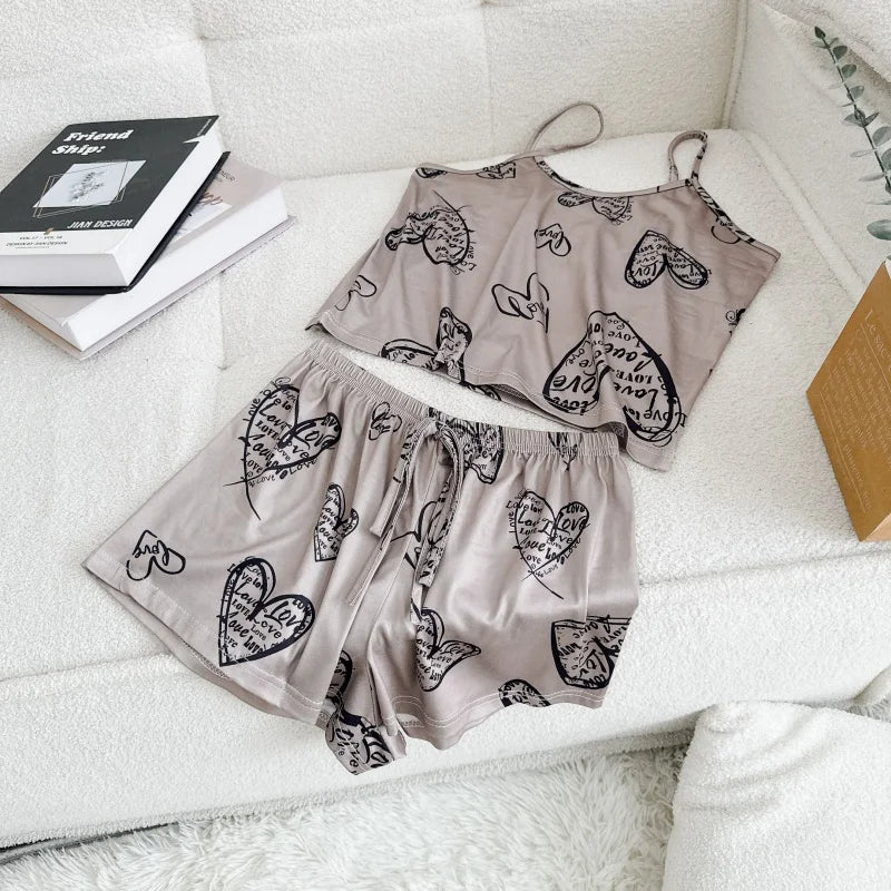 Women Casual Sleepwear Silk Top and Shorts Sets