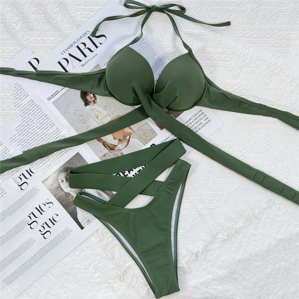 High Waisted Bandage Halter Bikini Set
