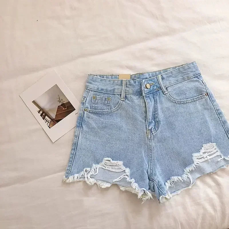 Women's High-Waist Ripped Denim Shorts with Embroidery Detail