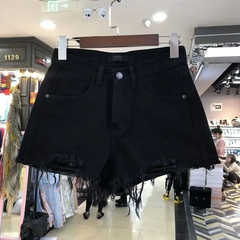 Women's High-Waist Ripped Denim Shorts with Embroidery Detail