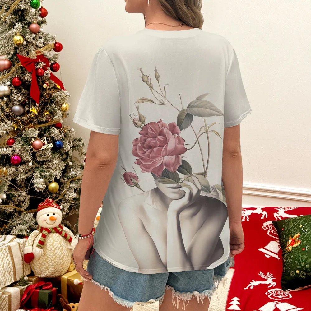 Women's Floral Art Print T-Shirt — Oversized Short Sleeve Tee