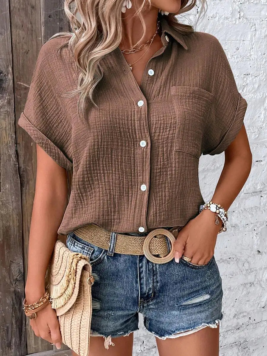 Women's Casual Cotton Blouse — Short Sleeve Button-Down Shirt