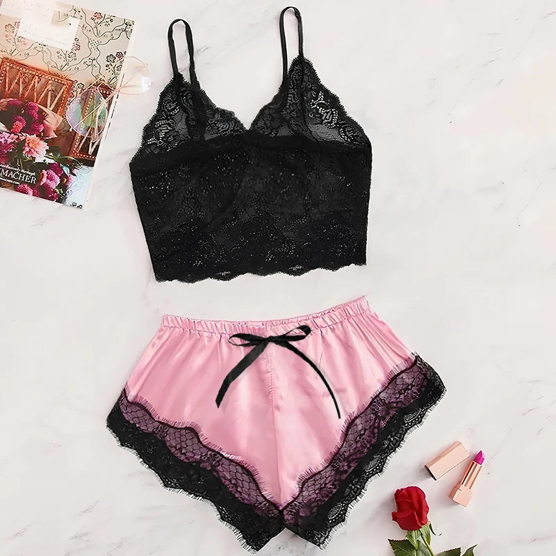 Women's Satin Lace Pajama Set — Cami Top & Shorts (Plus Size L–2XL)