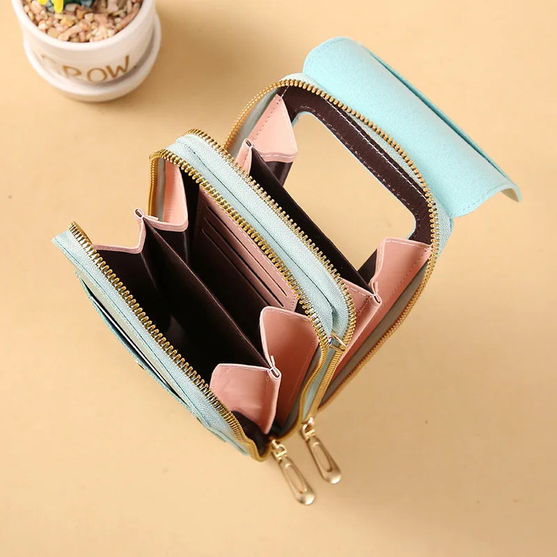 Women's PU Leather Organizer Wallet — Zipper Crossbody Purse with Card Slots