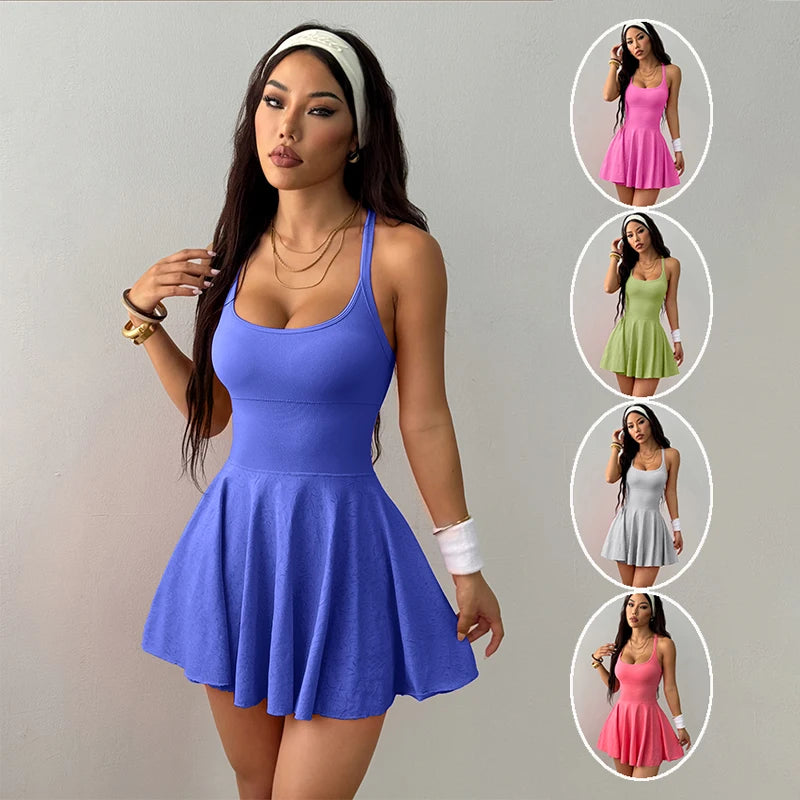 Quick-Dry Tennis Dress with Built-In Bra & Shorts — Sleeveless Backless Athletic Mini
