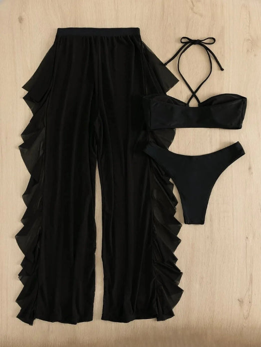 Criss-Cross Halter Bikini Set with Ruffle Cover-Up Pants | 3-Piece Swimwear