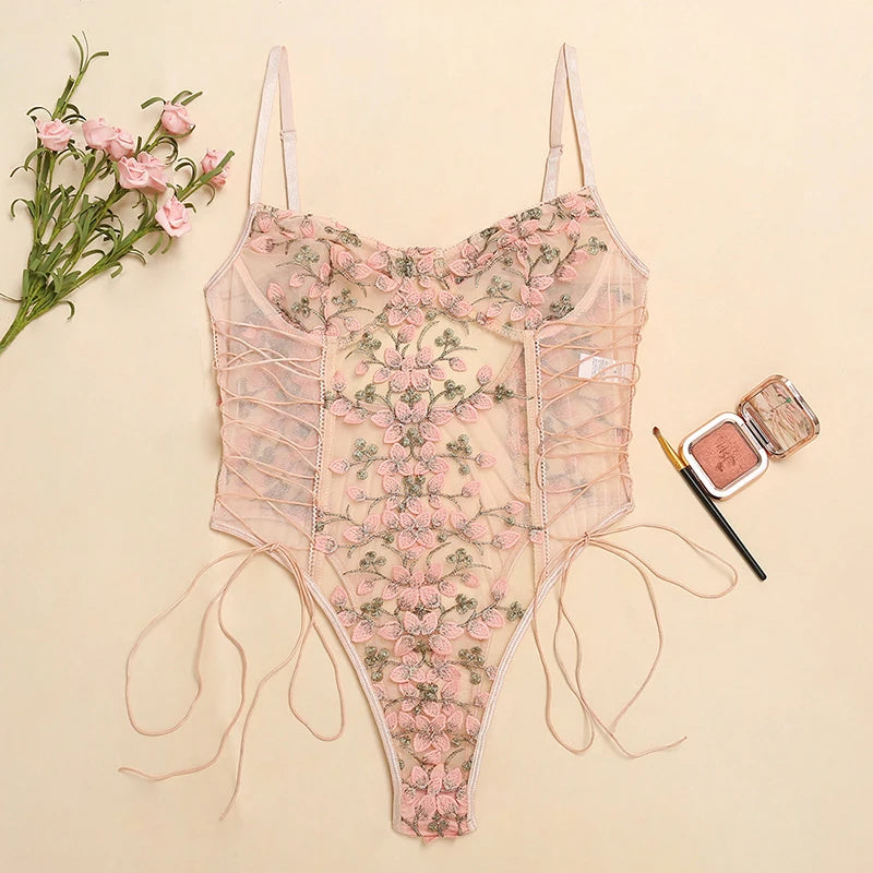 Floral Embroidery Mesh Lace-Up Bodysuit