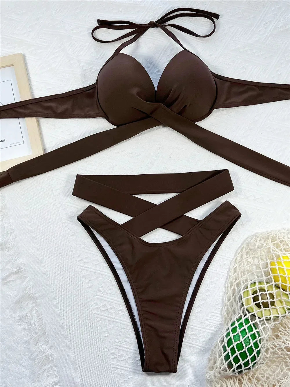 High Waisted Bandage Halter Bikini Set