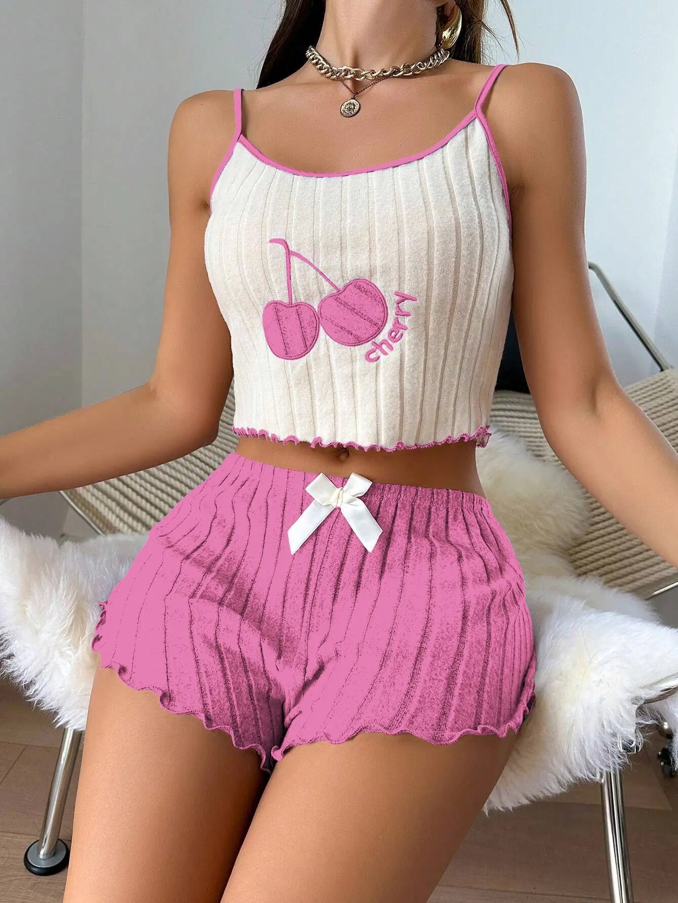 Women's Cherry Ribbed Cami Pajama Set — Ruffle Shorts Loungewear