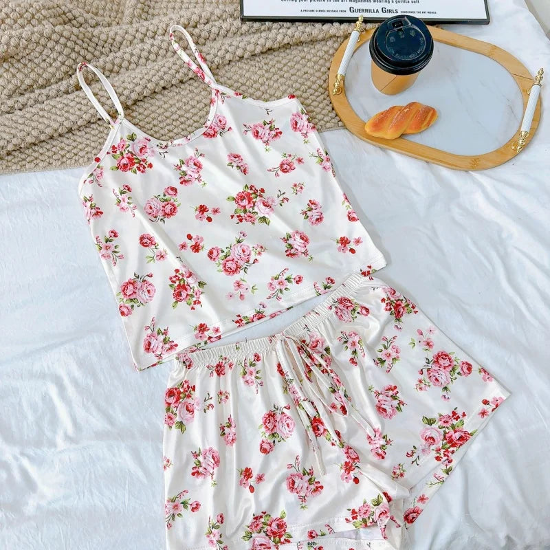 Women Casual Sleepwear Silk Top and Shorts Sets