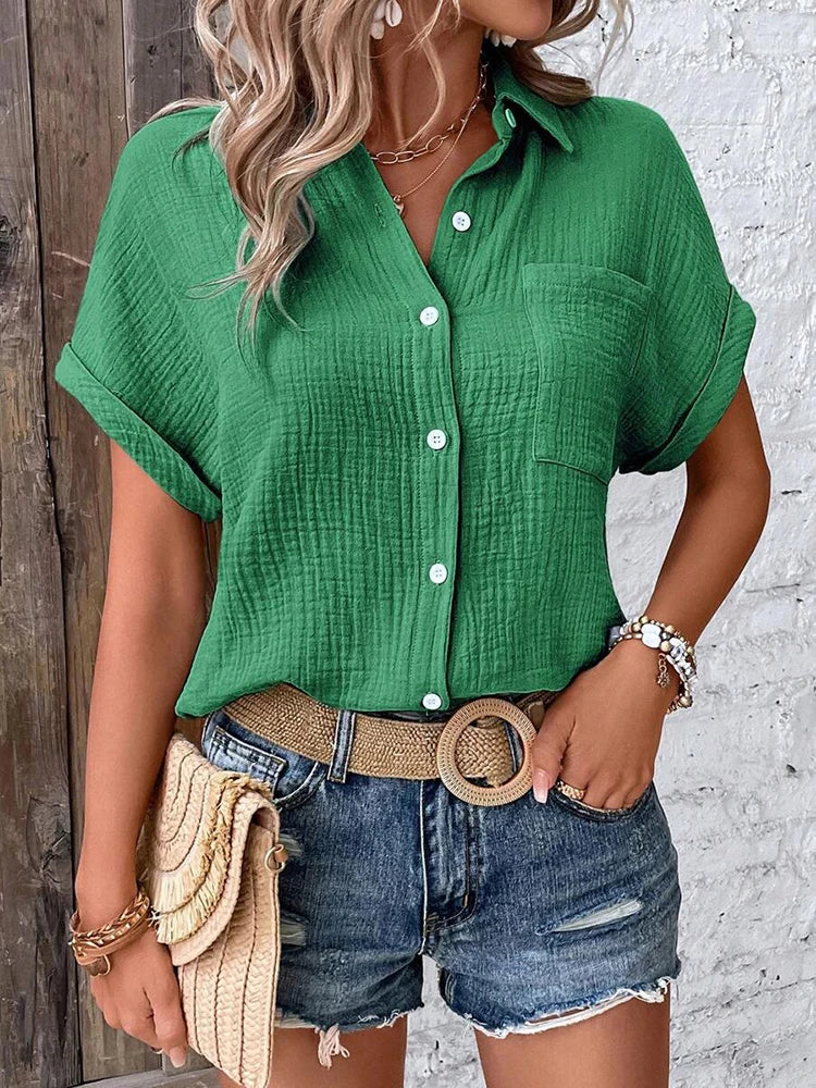 Women's Casual Cotton Blouse — Short Sleeve Button-Down Shirt