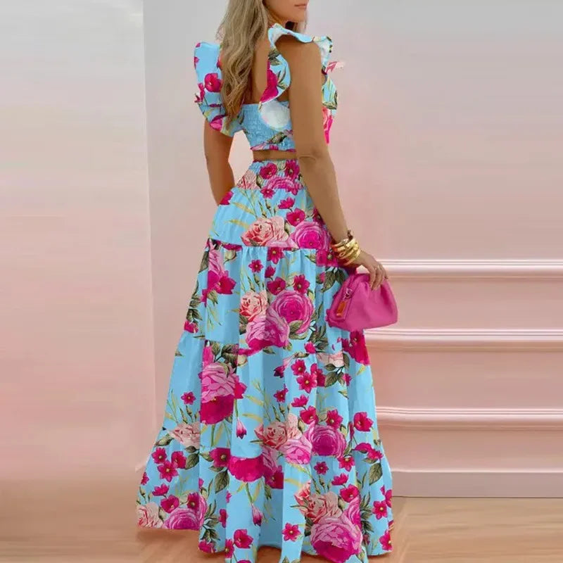 Women's Strapless Crop Top & Ruffle Maxi Skirt Two-Piece Set