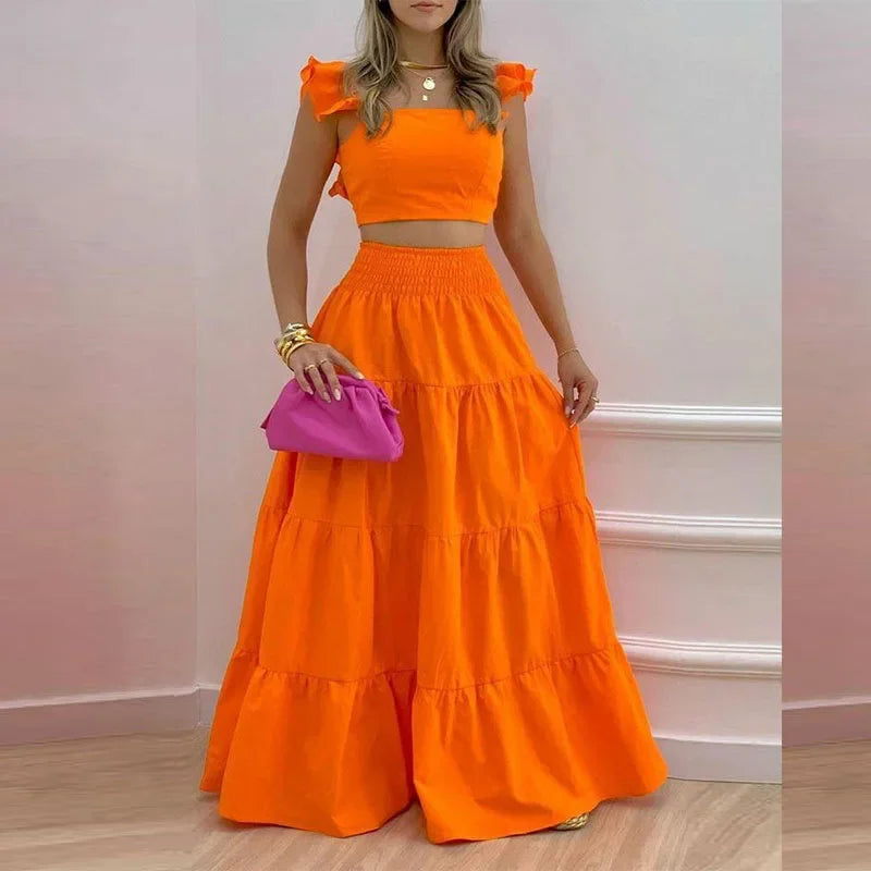 Women's Strapless Crop Top & Ruffle Maxi Skirt Two-Piece Set
