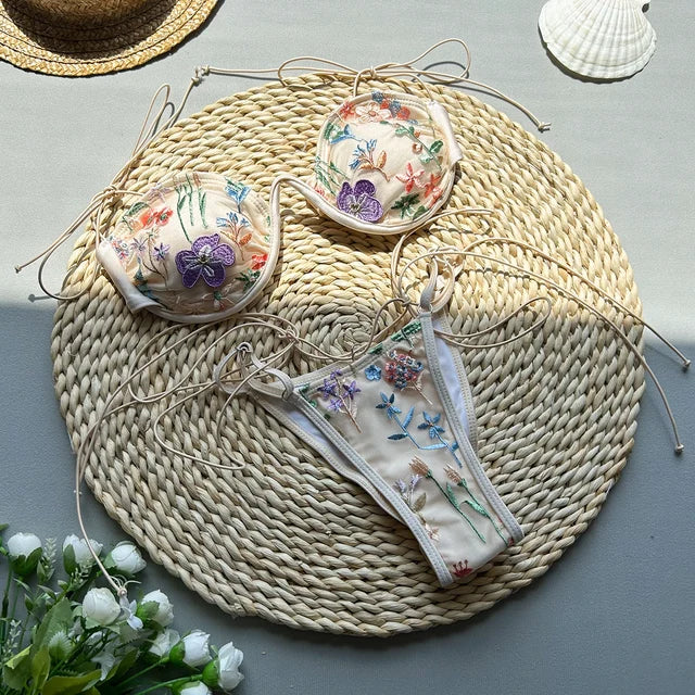 Stylish Women's Bikini High Waist Embroidery Backless Swimwear