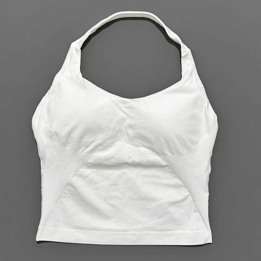 Seamless Longline Strappy Sports Tank — Halter Neck Ruched Backless Activewear Top