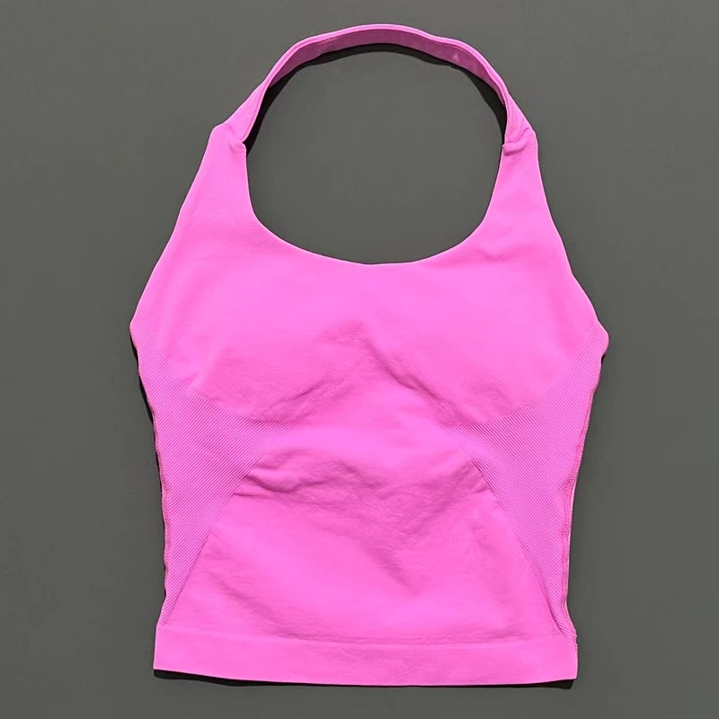 Seamless Longline Strappy Sports Tank — Halter Neck Ruched Backless Activewear Top