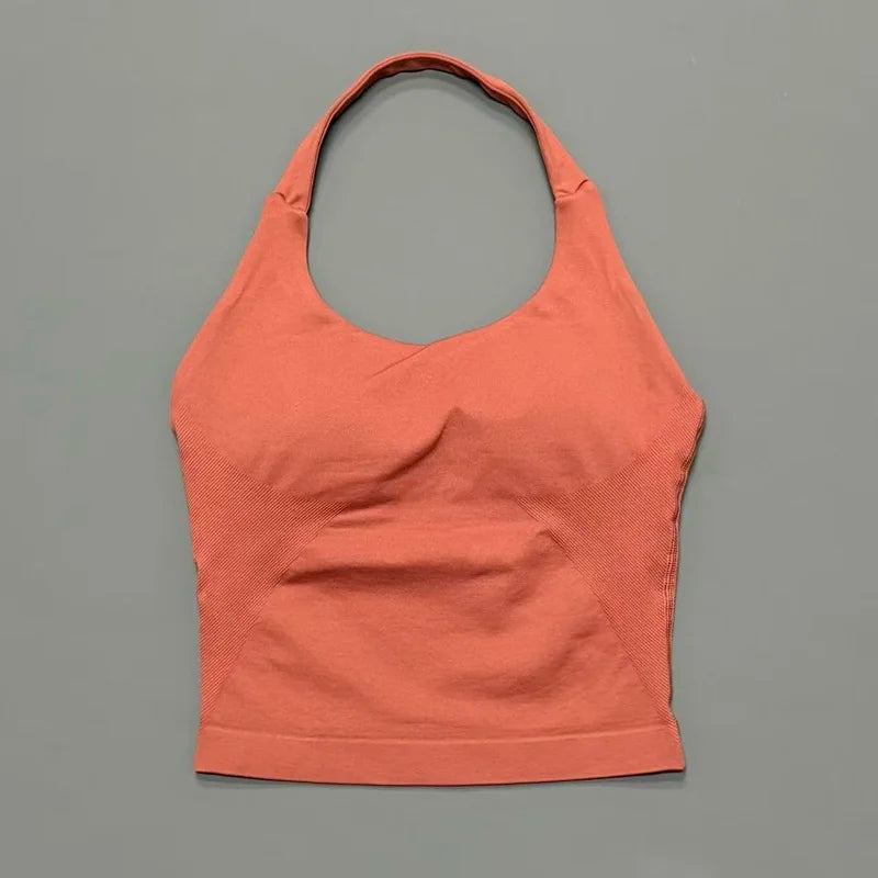 Seamless Longline Strappy Sports Tank — Halter Neck Ruched Backless Activewear Top