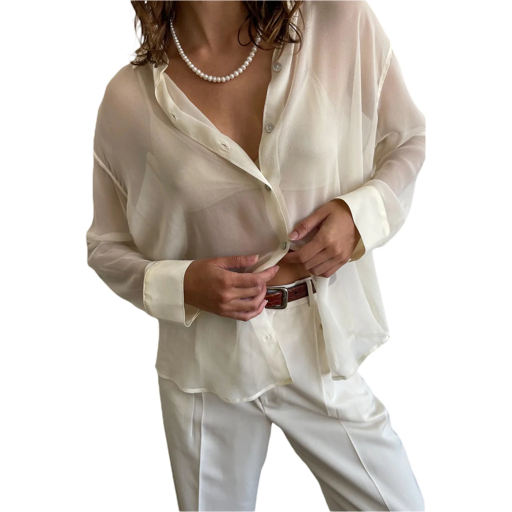 Women's See-Through Chiffon Shirt — Lapel Long Sleeve Button-Up Top