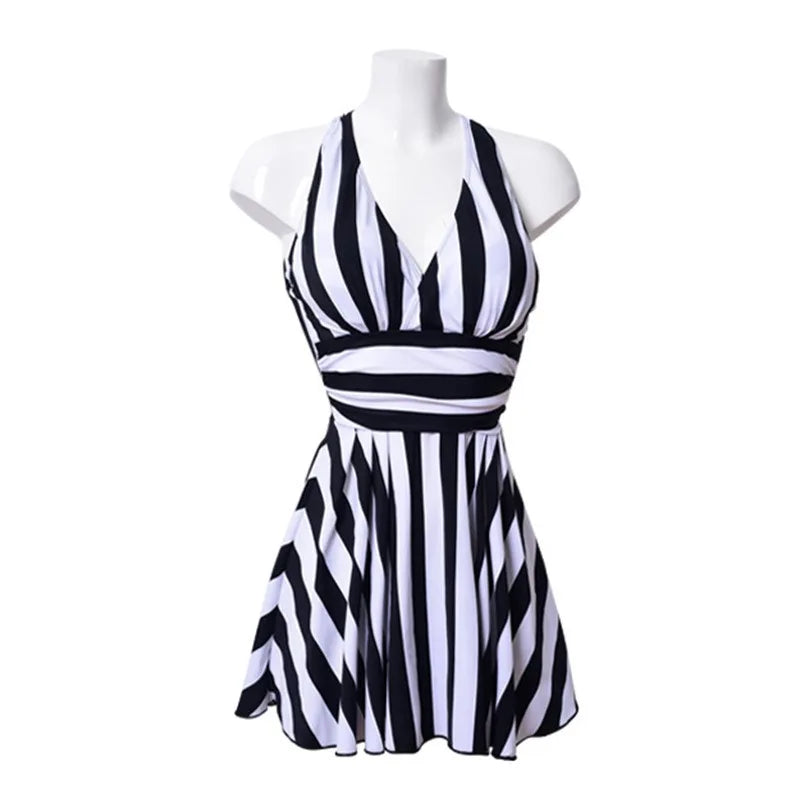 Women's Black & White Stripe One-Piece Swimsuit — Tummy Control Racerback