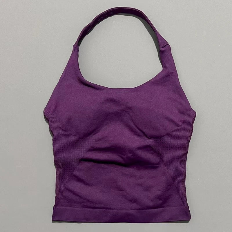 Seamless Longline Strappy Sports Tank — Halter Neck Ruched Backless Activewear Top
