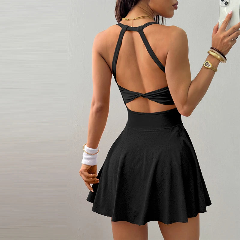 Quick-Dry Tennis Dress with Built-In Bra & Shorts — Sleeveless Backless Athletic Mini