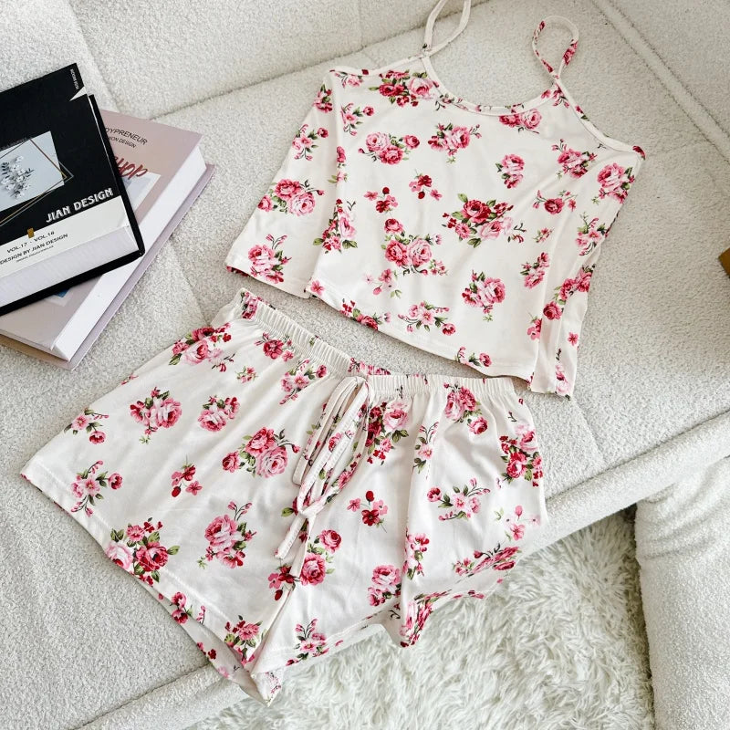 Women Casual Sleepwear Silk Top and Shorts Sets